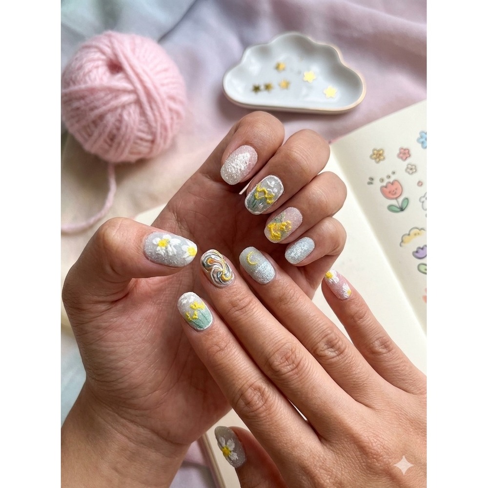 New Oil Painter Press On Nails Women Size Small Multicolor Floral Textured Art